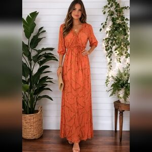 Enfocus Studio Orange V-Neck Short Sleeve Chain Print Maxi Dress Size 6